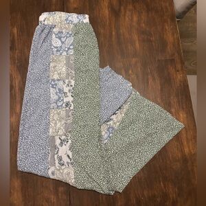 Umgee Blue and Green Patchwork Flowy Pants